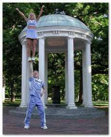 Dr. Landau in a UNC Chapel Hill cheerleading uniform. One of his hands his raised above his head and another UNC cheerleader is standing on his hand with her arms raised. The Old Well rotunda is in the background.