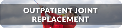 A young man is in the middle of his golf backswing. Title reads: Outpatient Joint Replacement